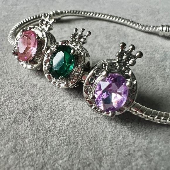 Silver Crown Charm Bracelet Princess Gemstone Pink Green Purple - Picture 11 of 12